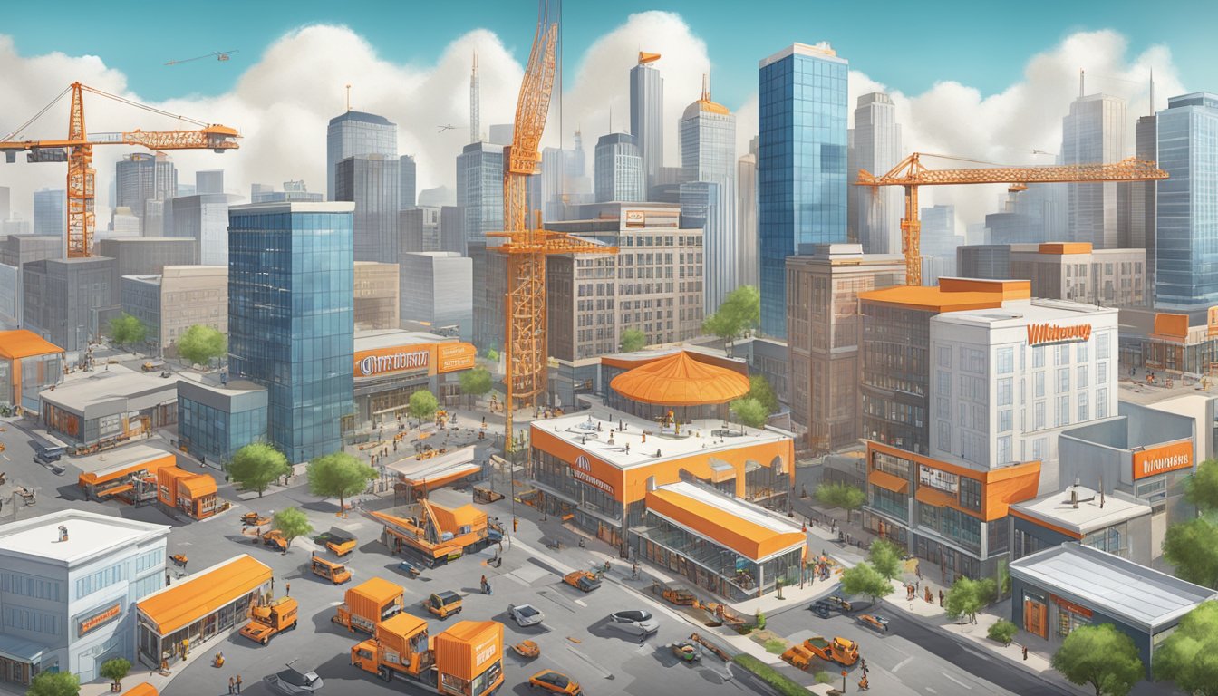 A bustling city skyline with construction cranes and new Whataburger restaurant locations popping up across the urban landscape