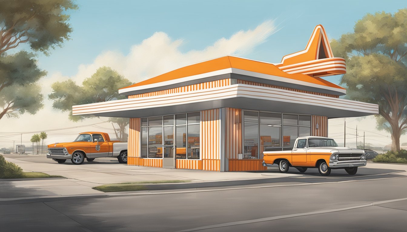 The bustling Whataburger restaurant in Corpus Christi, Texas, with its iconic orange and white striped A-frame building and drive-thru line wrapped around the corner