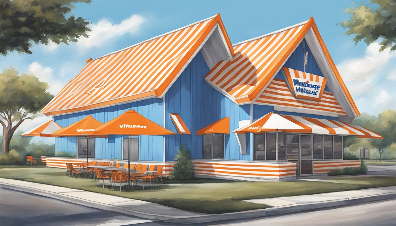 The iconic orange and white striped A-frame building of Whataburger stands proudly against the blue Texas sky, with the signature orange and white striped awnings and the bold orange and white logo