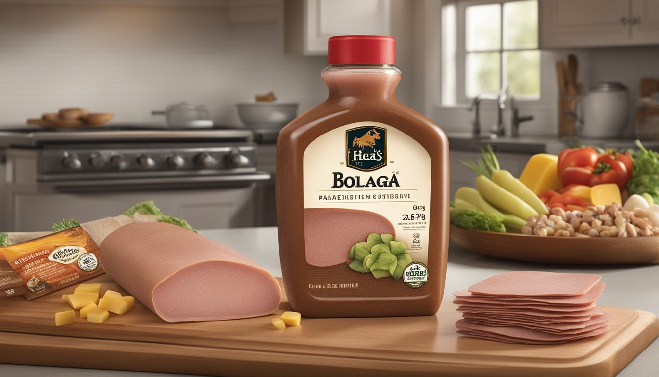 A package of Boar's Head Bologna sits on a kitchen counter, surrounded by other food items. The label prominently displays the expiration date