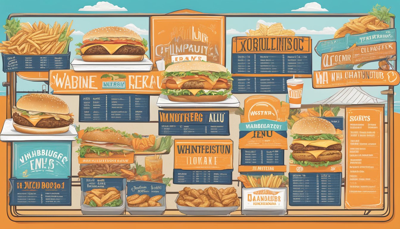 A colorful menu board with bold lettering featuring Whataburger's menu highlights against a backdrop of Corpus Christi, Texas