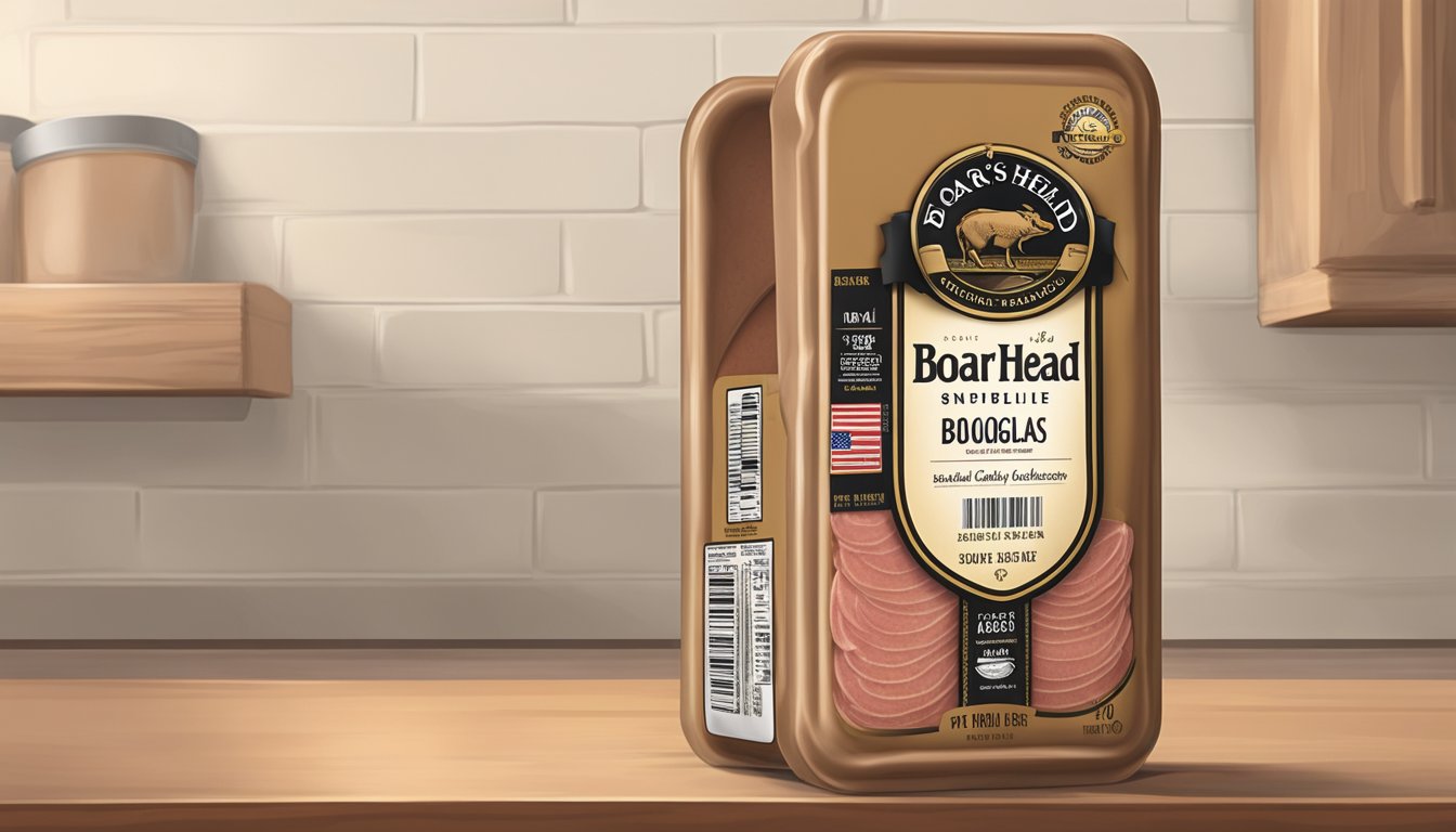 A package of Boar's Head Bologna sits unopened on a clean, refrigerated shelf, with a clearly labeled expiration date visible