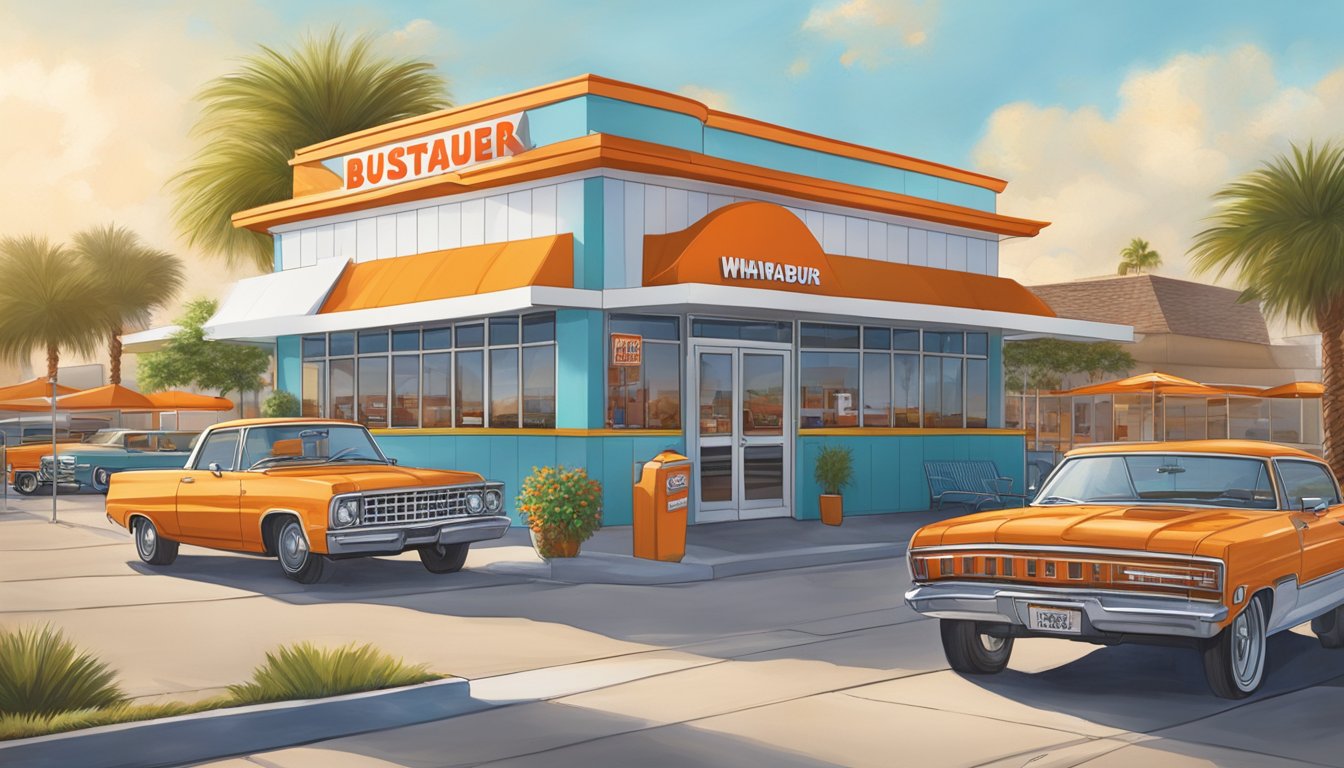 A bustling Whataburger restaurant in Corpus Christi, Texas, with a drive-thru, outdoor seating, and a colorful logo on the building