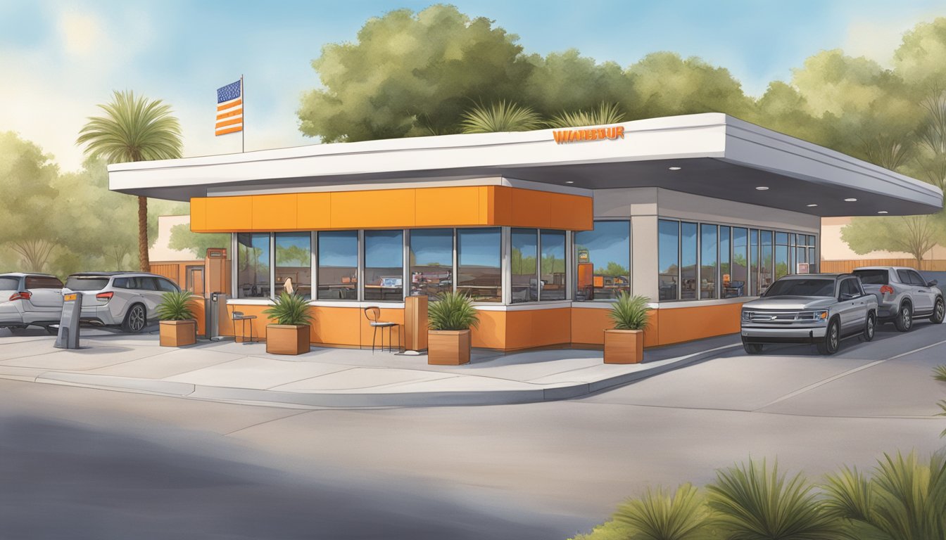 A bustling Whataburger in San Antonio, Texas, with a drive-thru and outdoor seating, surrounded by palm trees and accessible parking