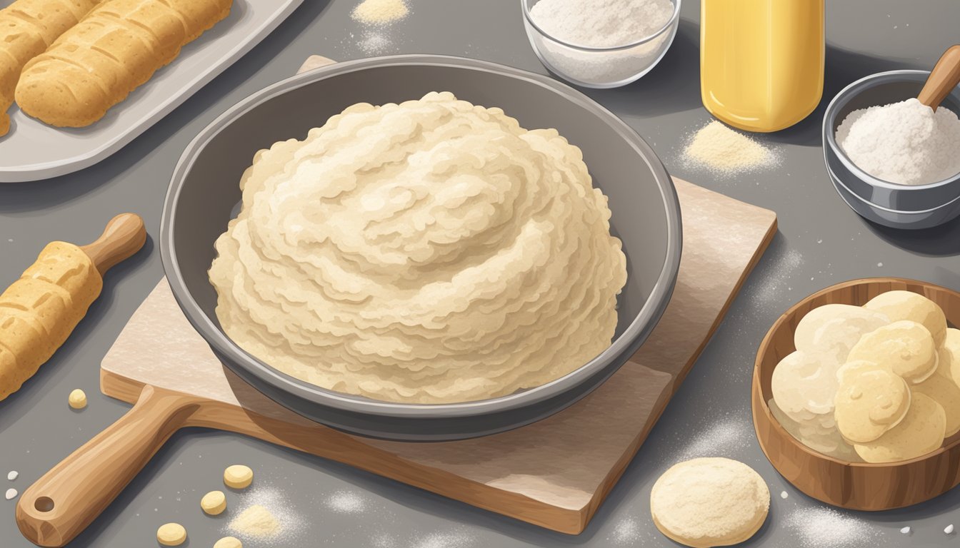 A bowl of biscuit dough sits covered on a kitchen counter, surrounded by flour, butter, and a rolling pin