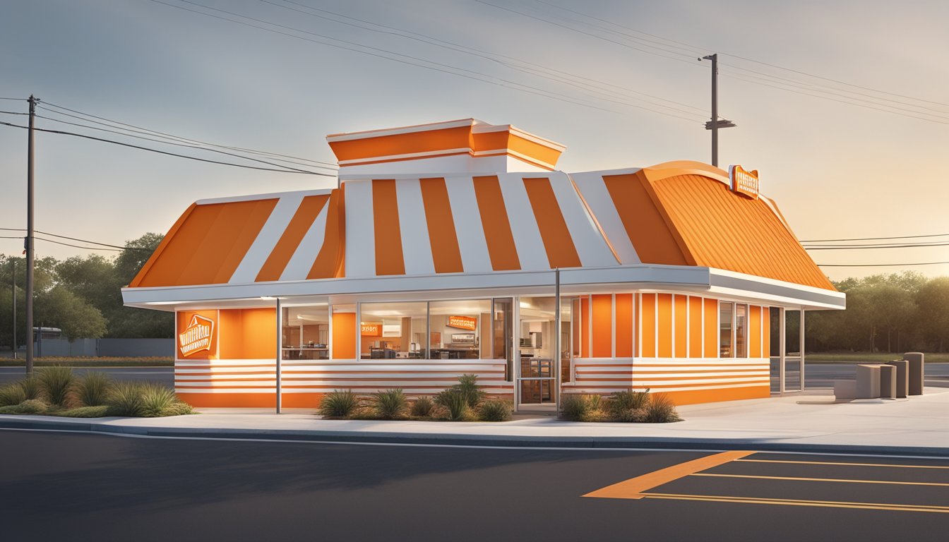 A Whataburger restaurant in San Antonio, Texas with a drive-thru, outdoor seating, and the iconic orange and white striped A-frame building