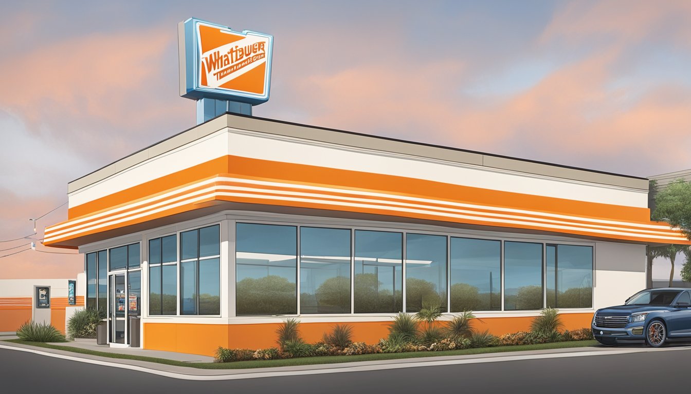 A Whataburger restaurant in Corpus Christi, Texas, with the iconic orange and white striped building and a drive-thru lane