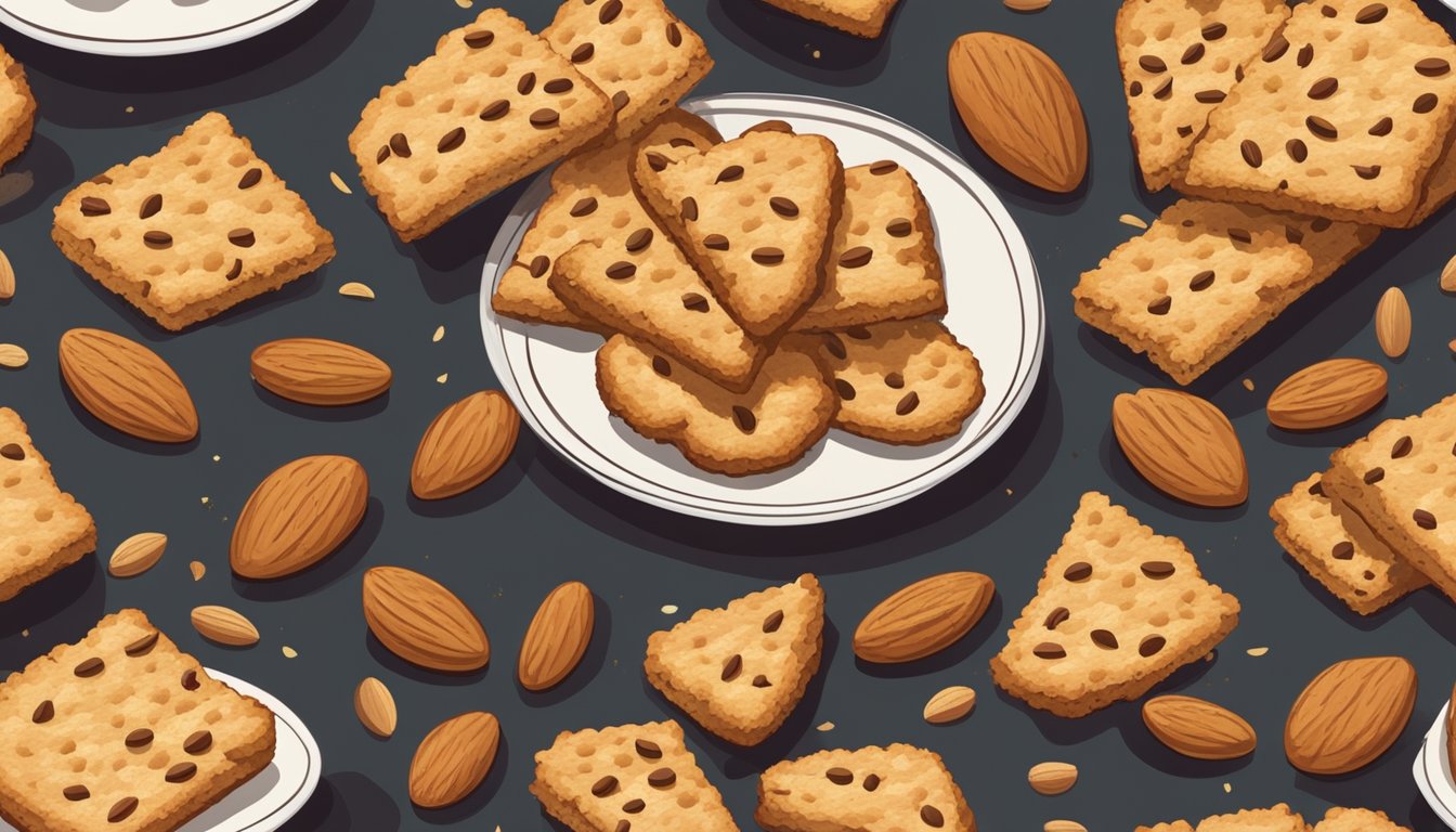 A plate of biscotti sits on a rustic wooden table, surrounded by scattered crumbs. A few whole almonds are visible in the crunchy, golden-brown cookies