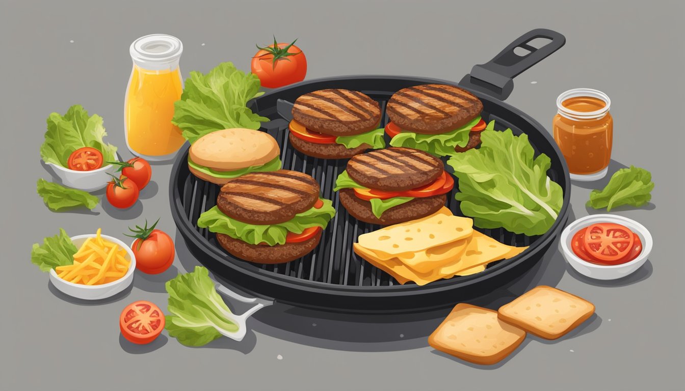 A sizzling grill with juicy beef patties, melted cheese, fresh lettuce, and ripe tomatoes, all surrounded by the aroma of toasted buns and savory condiments