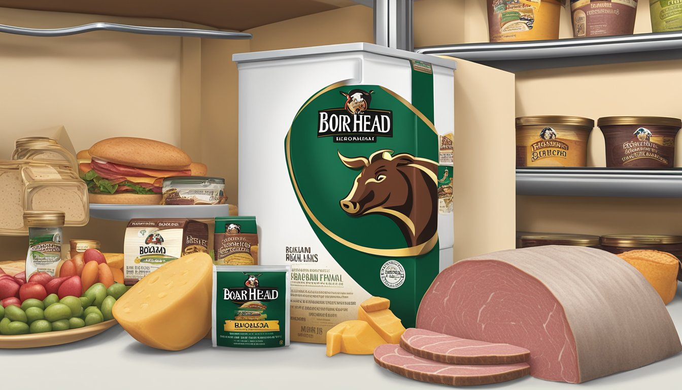 A package of Boar's Head Bologna sits unopened in a refrigerator, surrounded by other food items