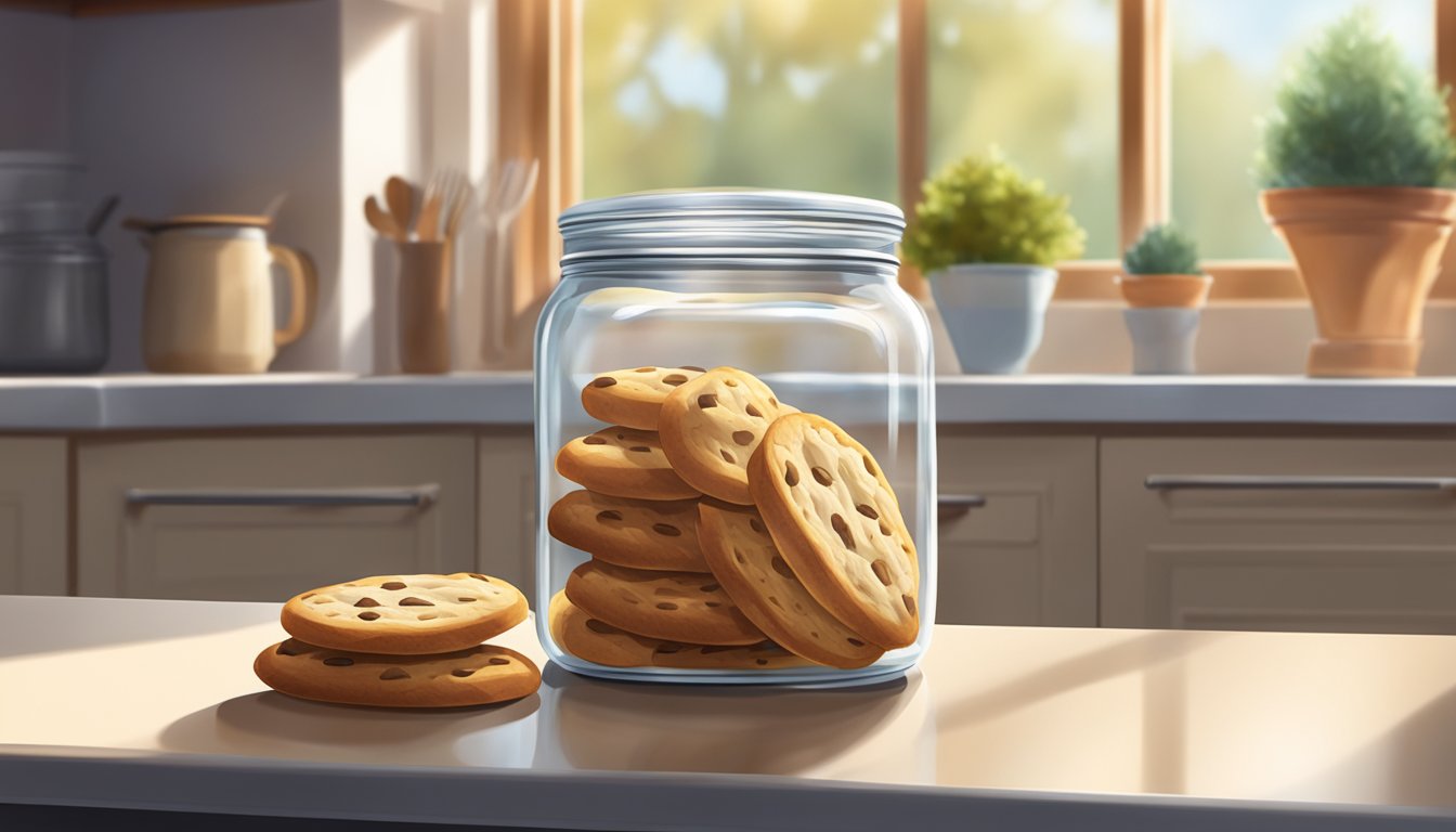 A jar of biscotti sits on a kitchen counter, sealed tight with a lid. The room is warm and inviting, with sunlight streaming through the window