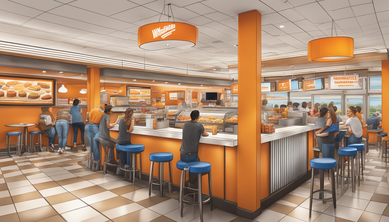 A bustling Whataburger restaurant in San Antonio, Texas, with branded merchandise on display and partnerships showcased throughout the interior