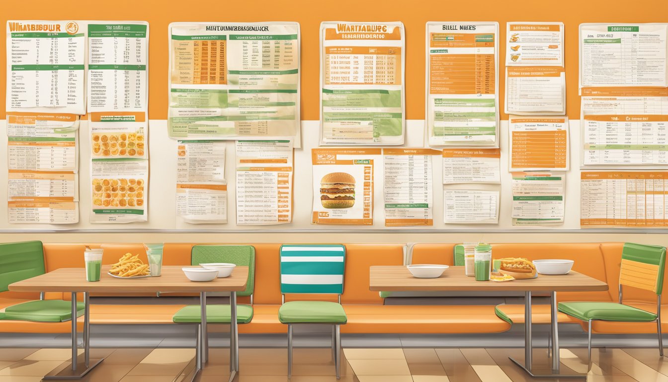 A table with a Whataburger menu and a nutritional information chart, surrounded by allergy warning signs