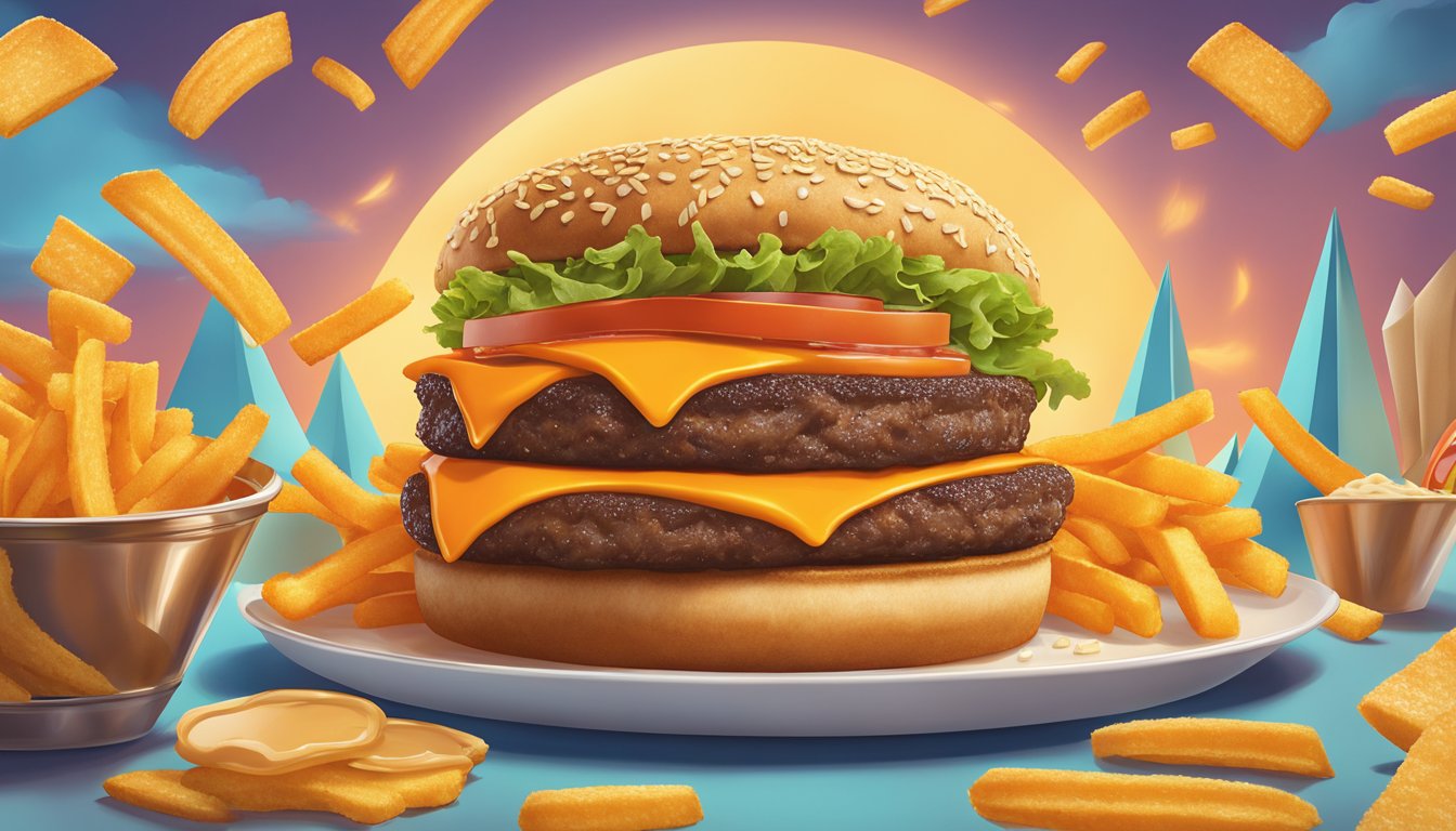 A sizzling Whataburger patty topped with special edition ingredients and variations, surrounded by a halo of golden fries