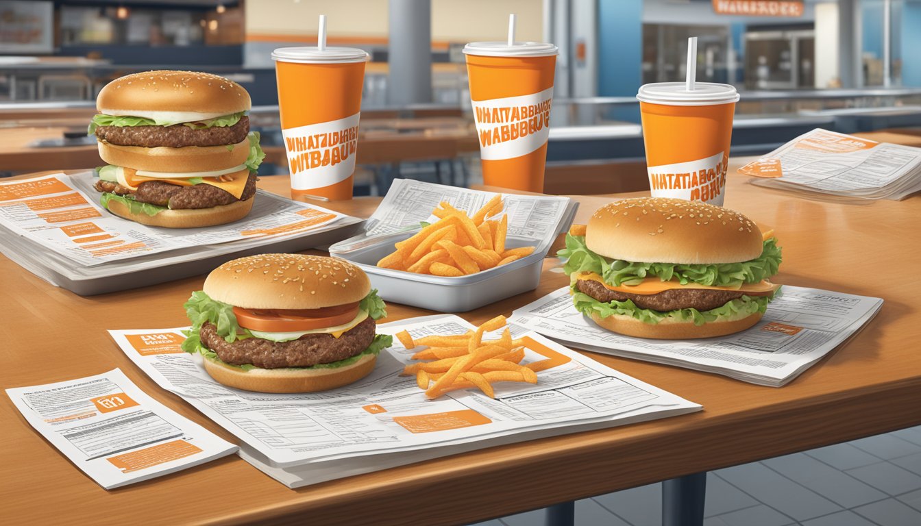 A table with a Whataburger meal surrounded by nutritional information pamphlets in a San Antonio, Texas restaurant