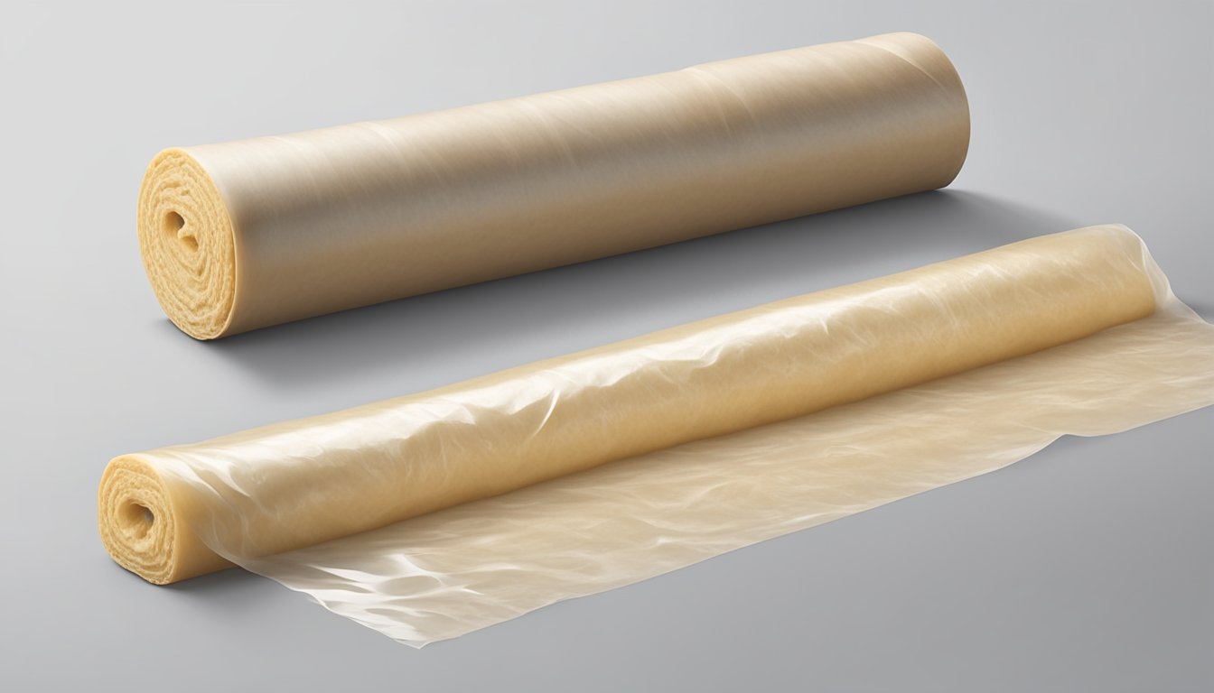 A roll of biscuit dough sits on a clean, floured countertop, covered with plastic wrap to prevent spoilage