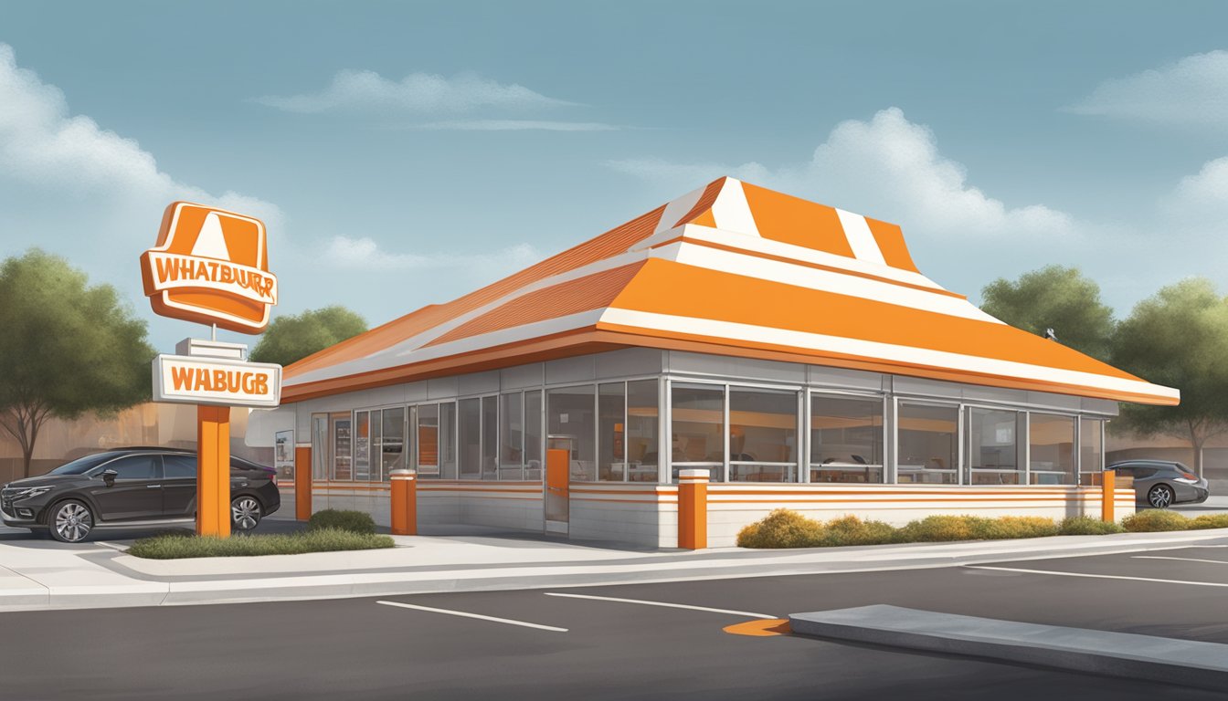 Whataburger's iconic orange and white striped A-frame building with a large sign, drive-thru lanes, and bustling parking lot in San Antonio, Texas