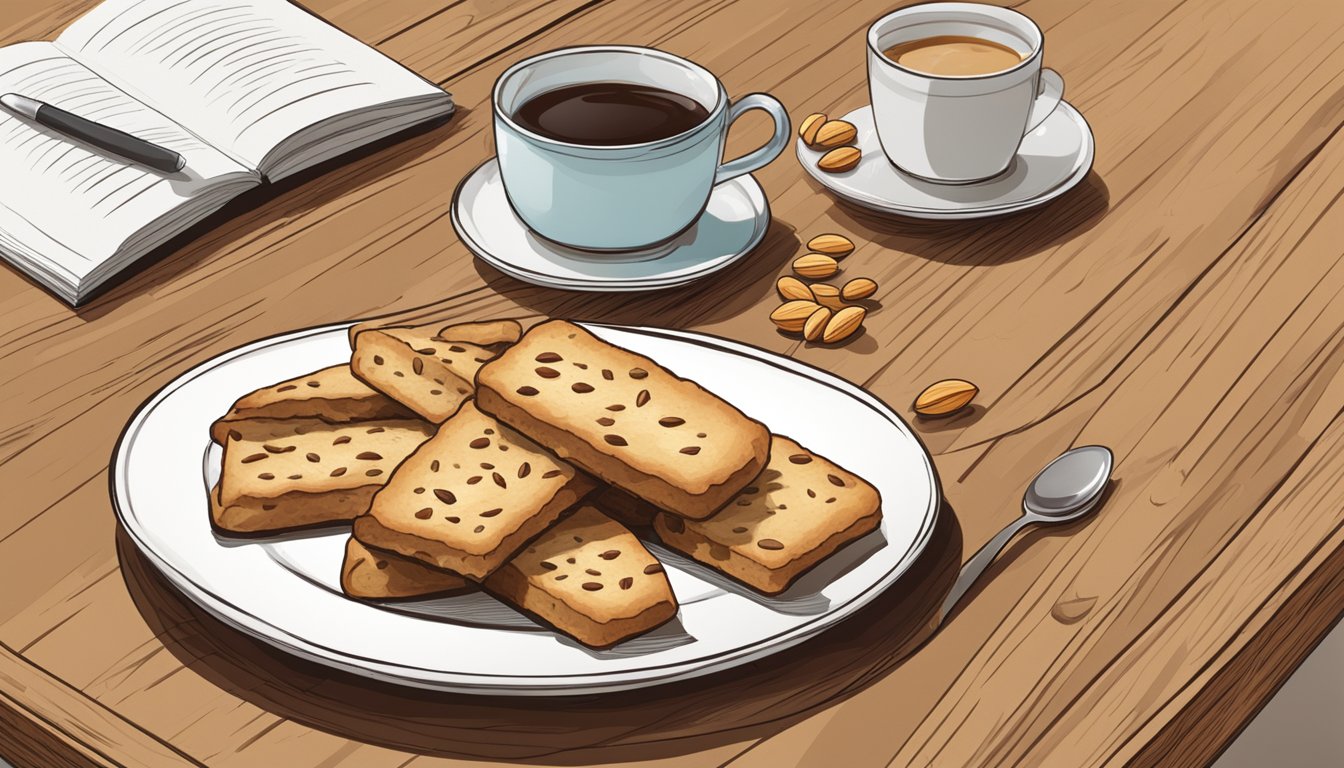 A plate of biscotti on a wooden table, accompanied by a cup of coffee and a small dish of almonds