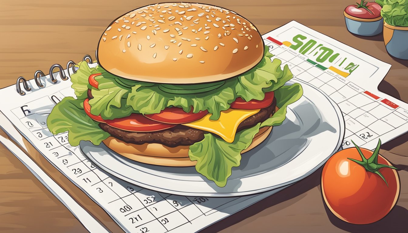 A sizzling burger on a fresh bun, surrounded by vibrant lettuce, juicy tomatoes, and a dollop of creamy sauce, with a calendar showing the launch date circled in red