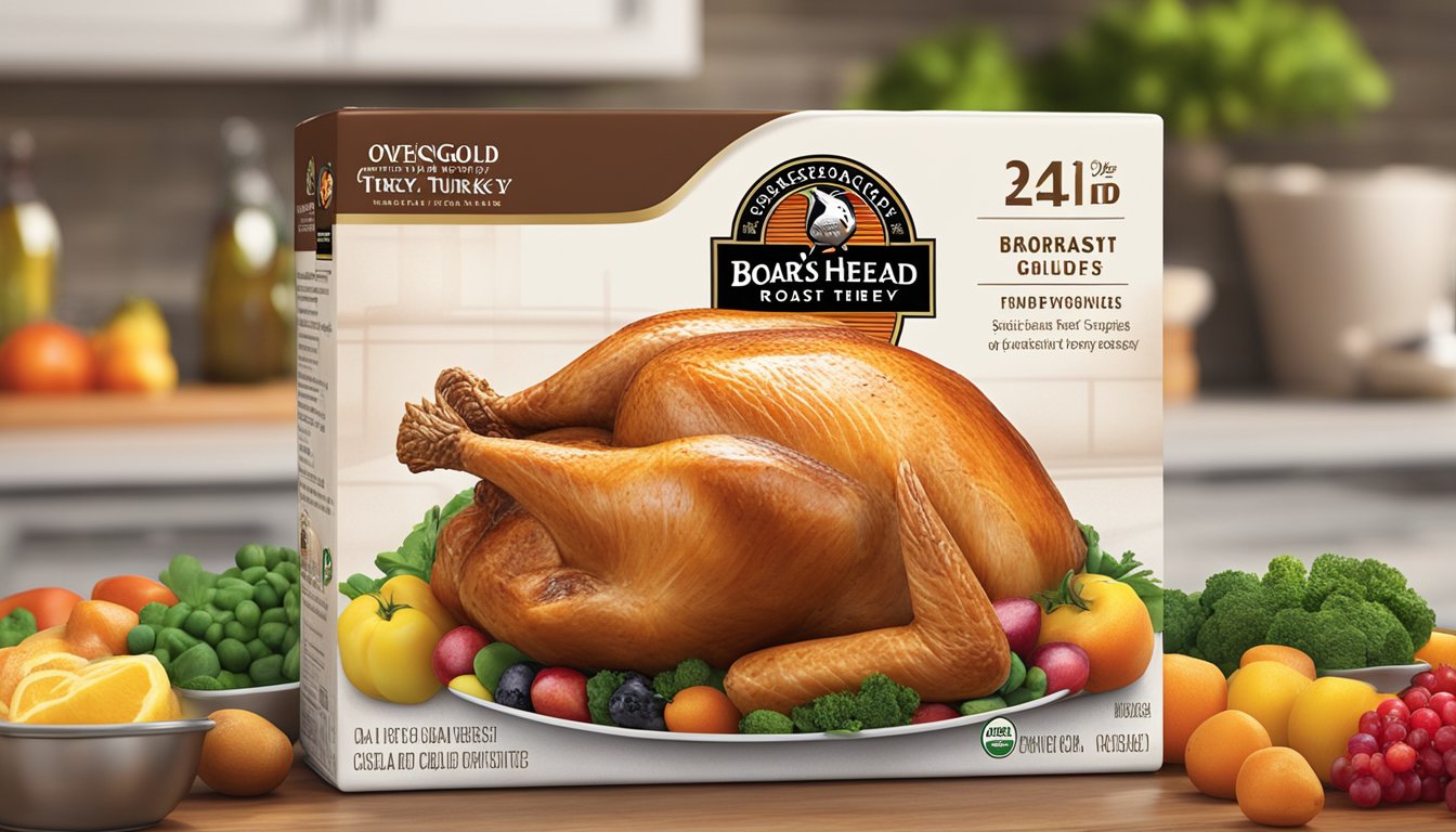 A fresh package of Boar's Head OvenGold Roast Breast of Turkey sits unopened on a clean kitchen counter, surrounded by colorful fruits and vegetables