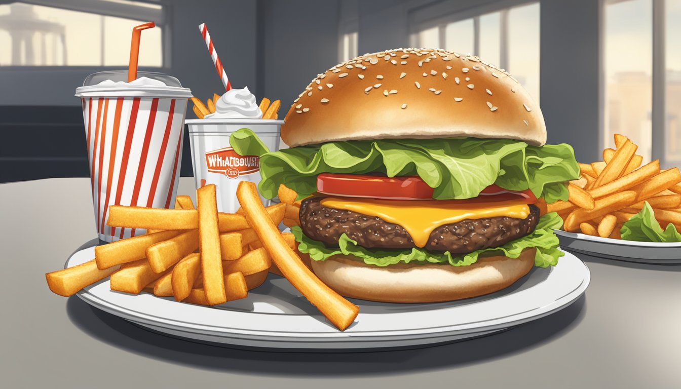 A juicy Whataburger burger on a sesame seed bun, topped with fresh lettuce, tomato, and melted cheese, served with a side of crispy fries and a cold drink