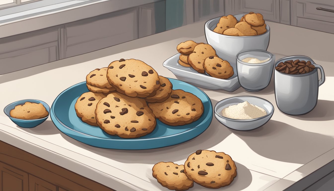 A plate of biscotti sits on a kitchen counter, surrounded by a mixing bowl, flour, and a bag of store-bought cookies