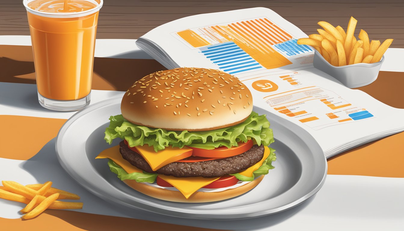 A table with a burger, fries, and a drink, surrounded by a nutritional information chart and a Whataburger logo