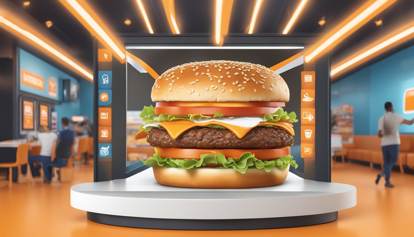 A mouth-watering Whataburger burger displayed on a digital screen with interactive engagement features