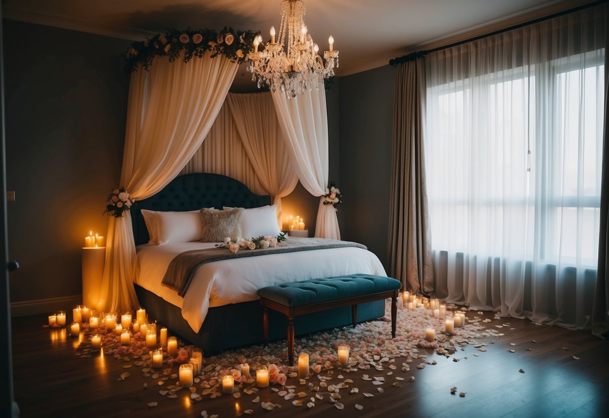 A cozy, candlelit bedroom with a canopy bed and flowing curtains, scattered with rose petals and wedding attire