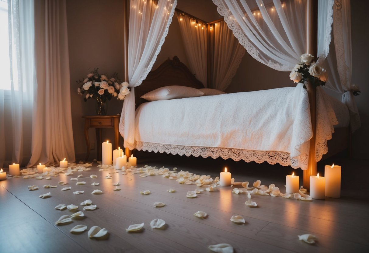 A cozy, candlelit bedroom with a canopy bed adorned with white lace and rose petals scattered on the floor