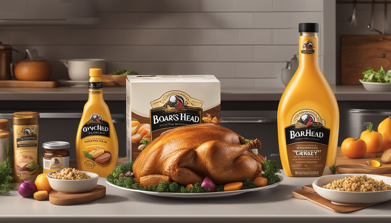 A package of Boar's Head OvenGold Roast Breast of Turkey sits on a kitchen shelf, surrounded by other food items