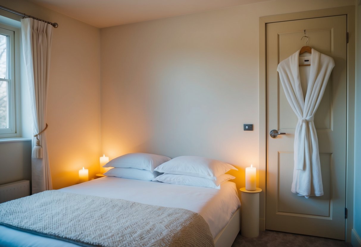 A cozy, candlelit bedroom with a neatly made bed and a soft, white robe hanging on the door