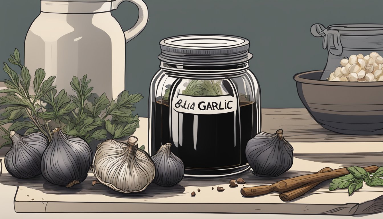 A jar of black garlic sits on a kitchen counter, surrounded by fresh herbs and spices. The garlic cloves are dark and shriveled, emitting a rich, earthy aroma