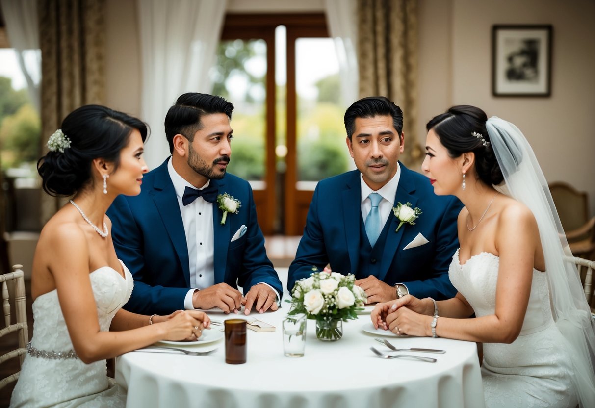A bride and groom's families sit at a table, discussing and dividing up expenses for pre- and post-wedding events