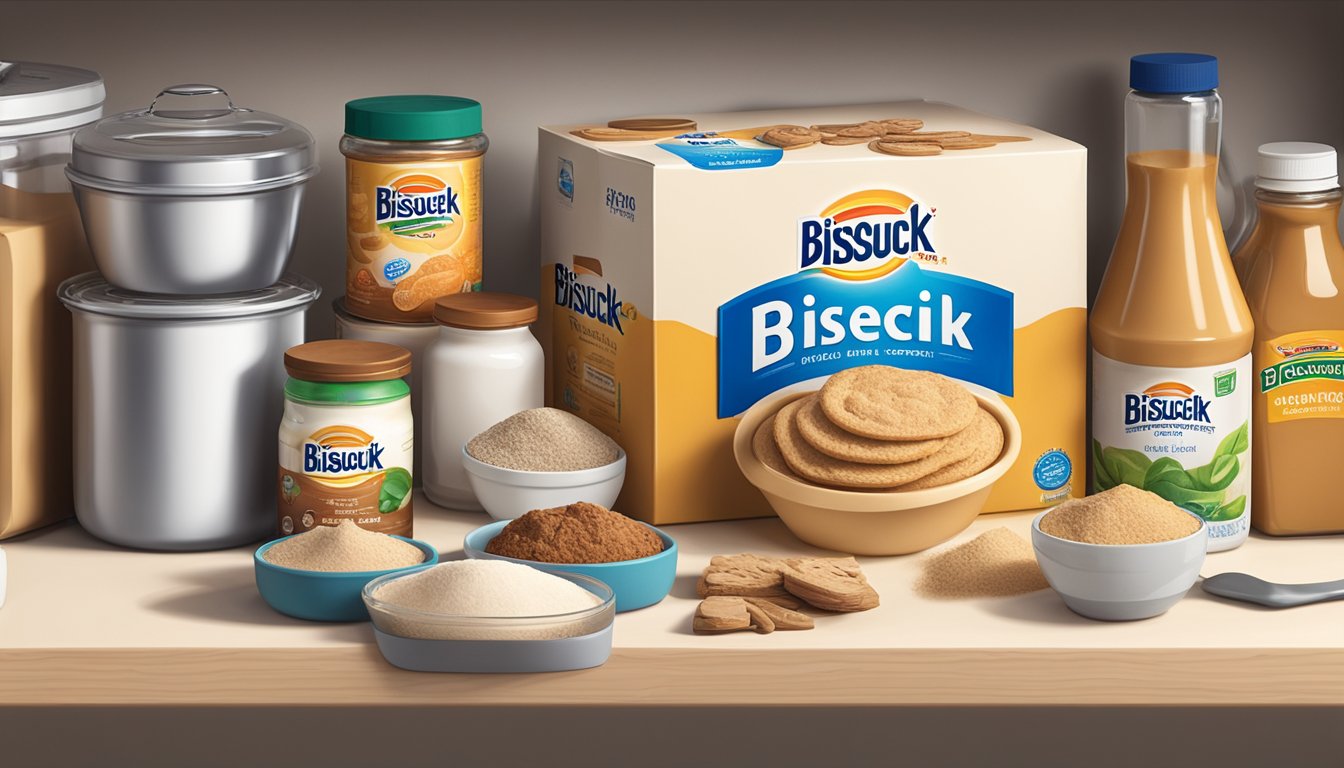 A box of Bisquick sits on a clean, organized pantry shelf, surrounded by other baking ingredients and utensils