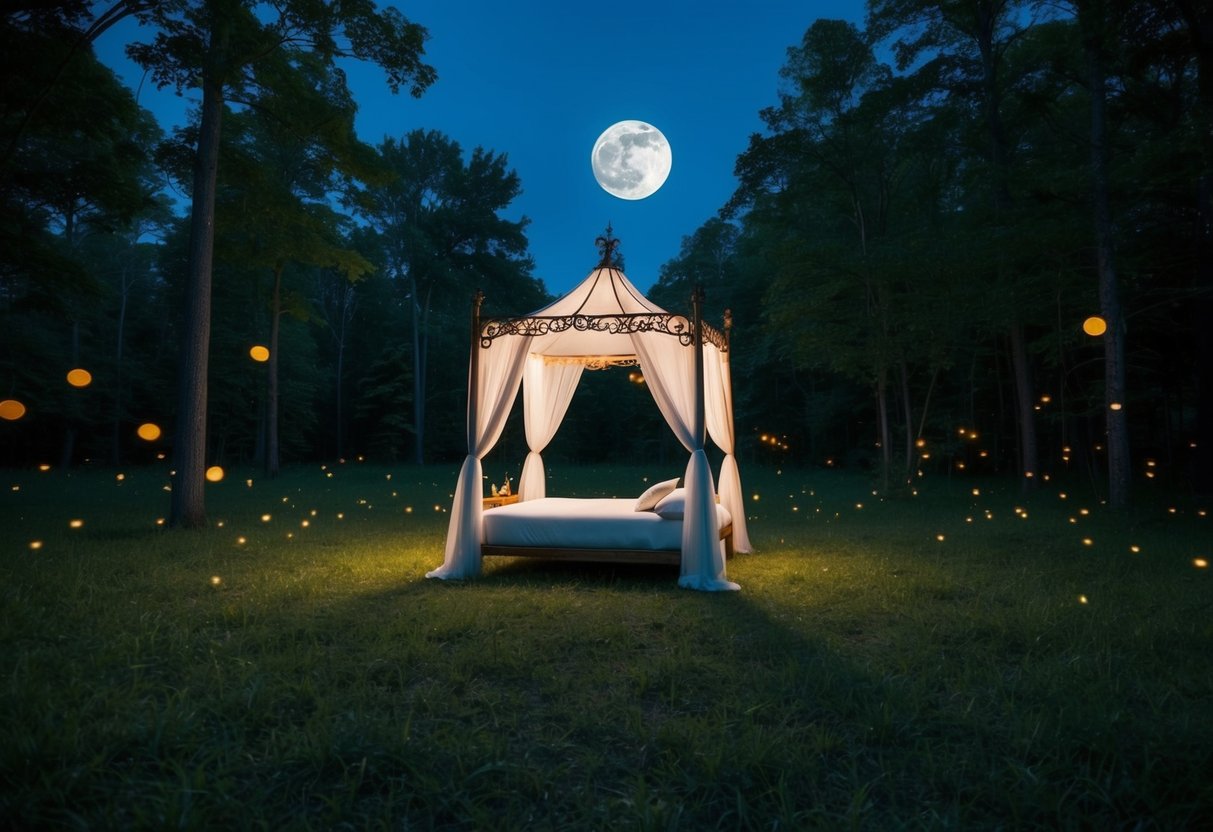 A moonlit forest clearing with a solitary, ornate canopy bed surrounded by glowing fireflies
