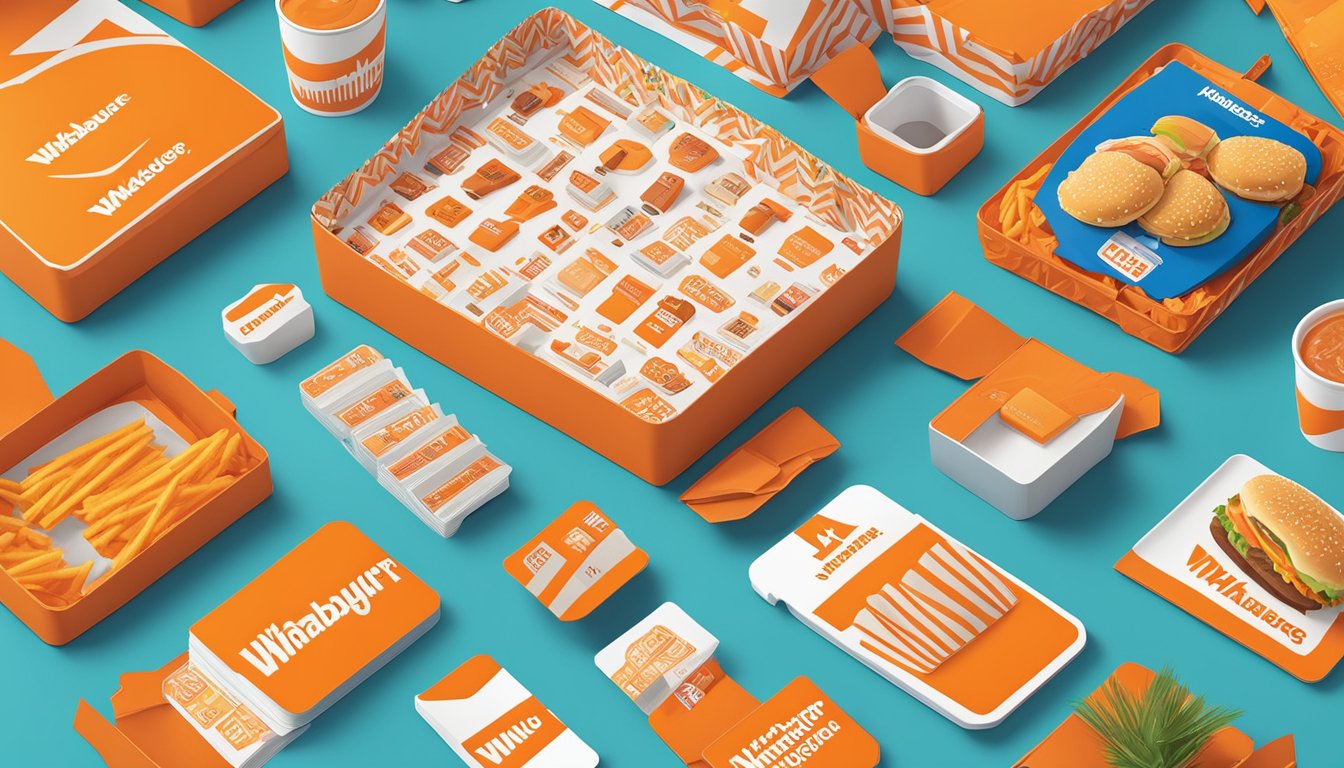 A colorful display of Whataburger merchandise and gift cards, with collaborative items from other brands