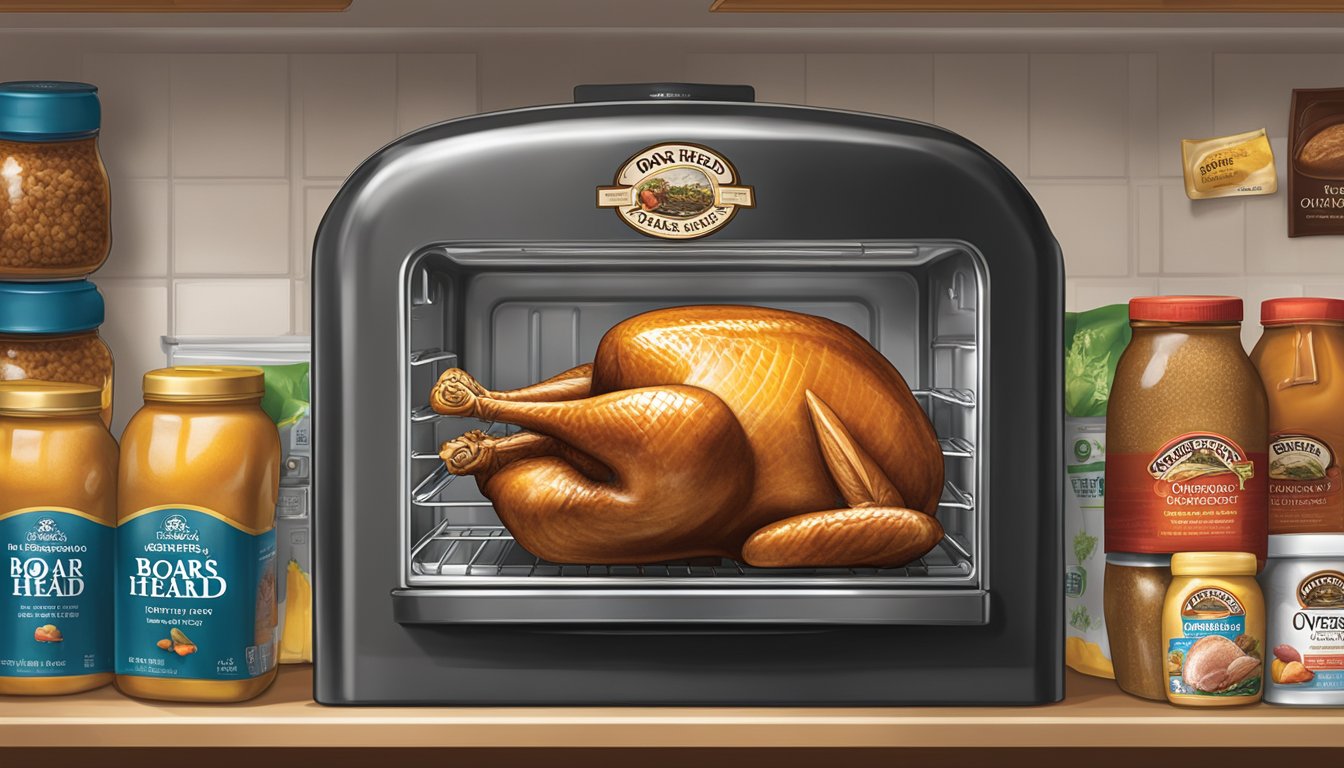 A sealed package of Boar's Head OvenGold Roast Breast of Turkey sits on a shelf next to a refrigerator, surrounded by other food items