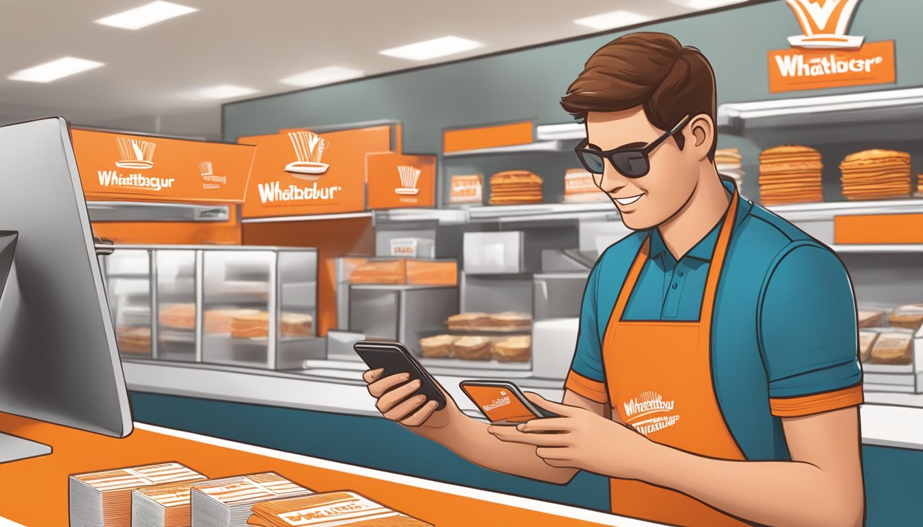 A stack of Whataburger gift cards on a counter, with a customer checking the balance on one using a mobile app