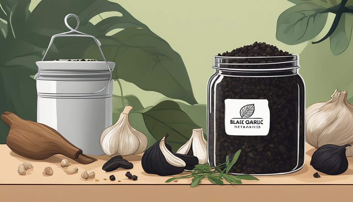 A jar of black garlic sits on a kitchen counter, surrounded by colorful spices and herbs. The garlic cloves are dark and shriveled, indicating their long shelf life