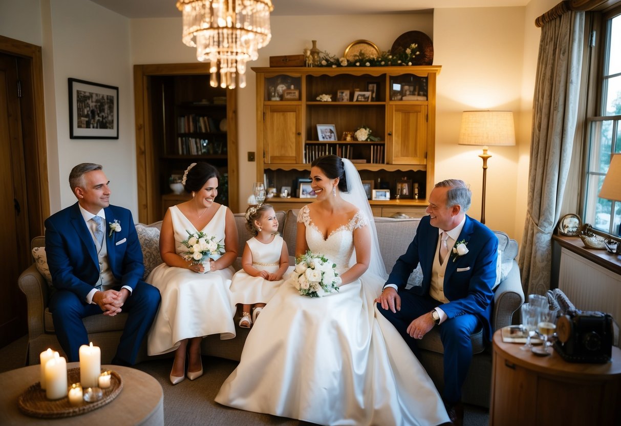 The bride stays with her family in a cozy, candlelit room, surrounded by wedding attire and sentimental items