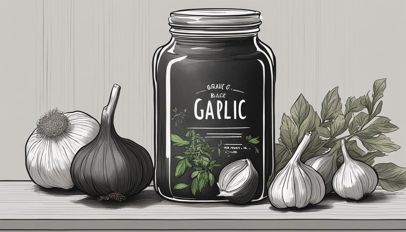 A jar of black garlic sits on a kitchen counter, surrounded by fresh herbs and spices. The garlic is whole and slightly shriveled, indicating its age