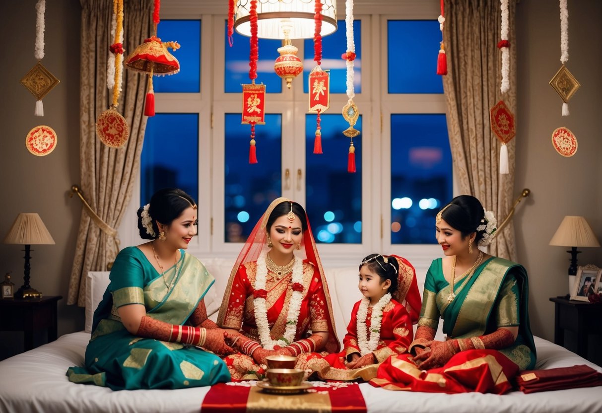 The bride stays with her family the night before the wedding, surrounded by traditional decorations and symbols of good luck