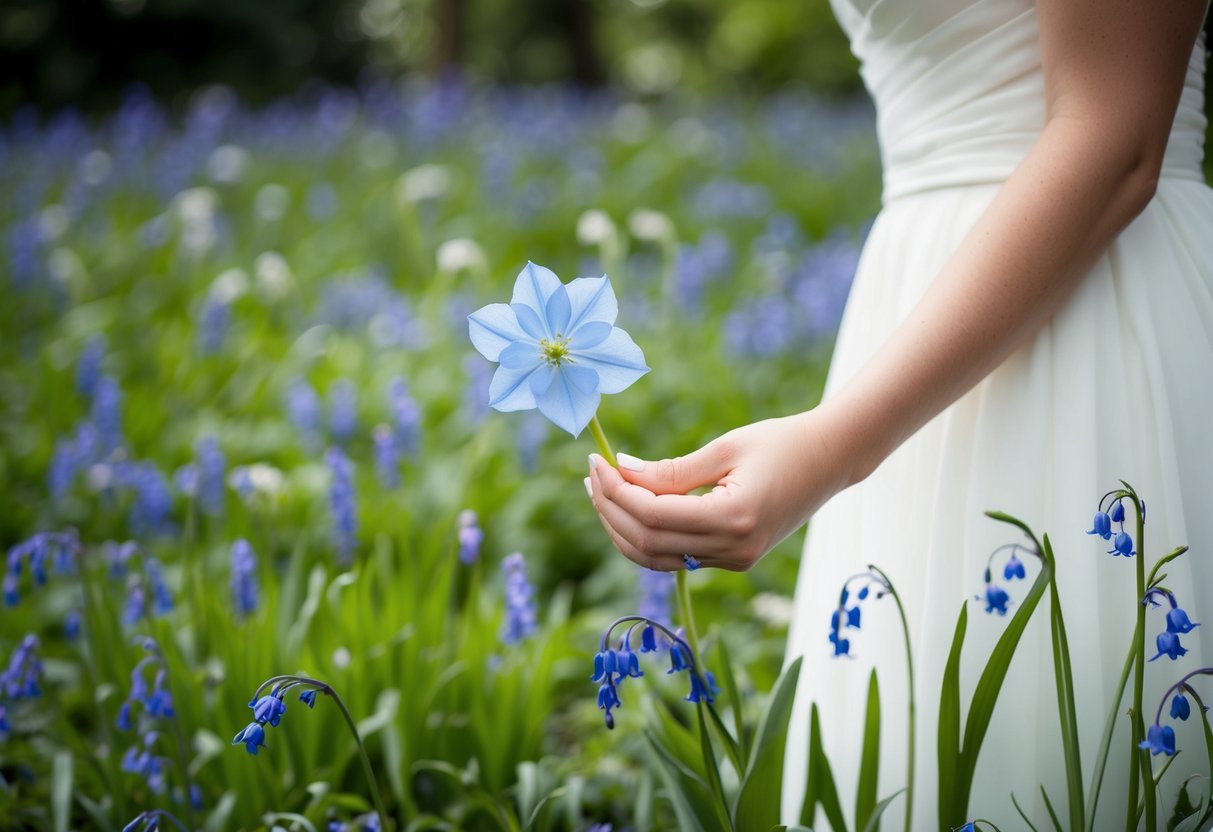 A bride holding a delicate blue flower, surrounded by a garden of bluebells and forget-me-nots