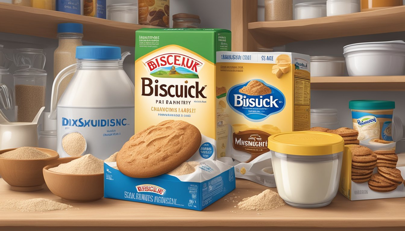 A box of Bisquick sits on a pantry shelf, surrounded by various baking ingredients and measuring cups. The expiration date on the box is visible