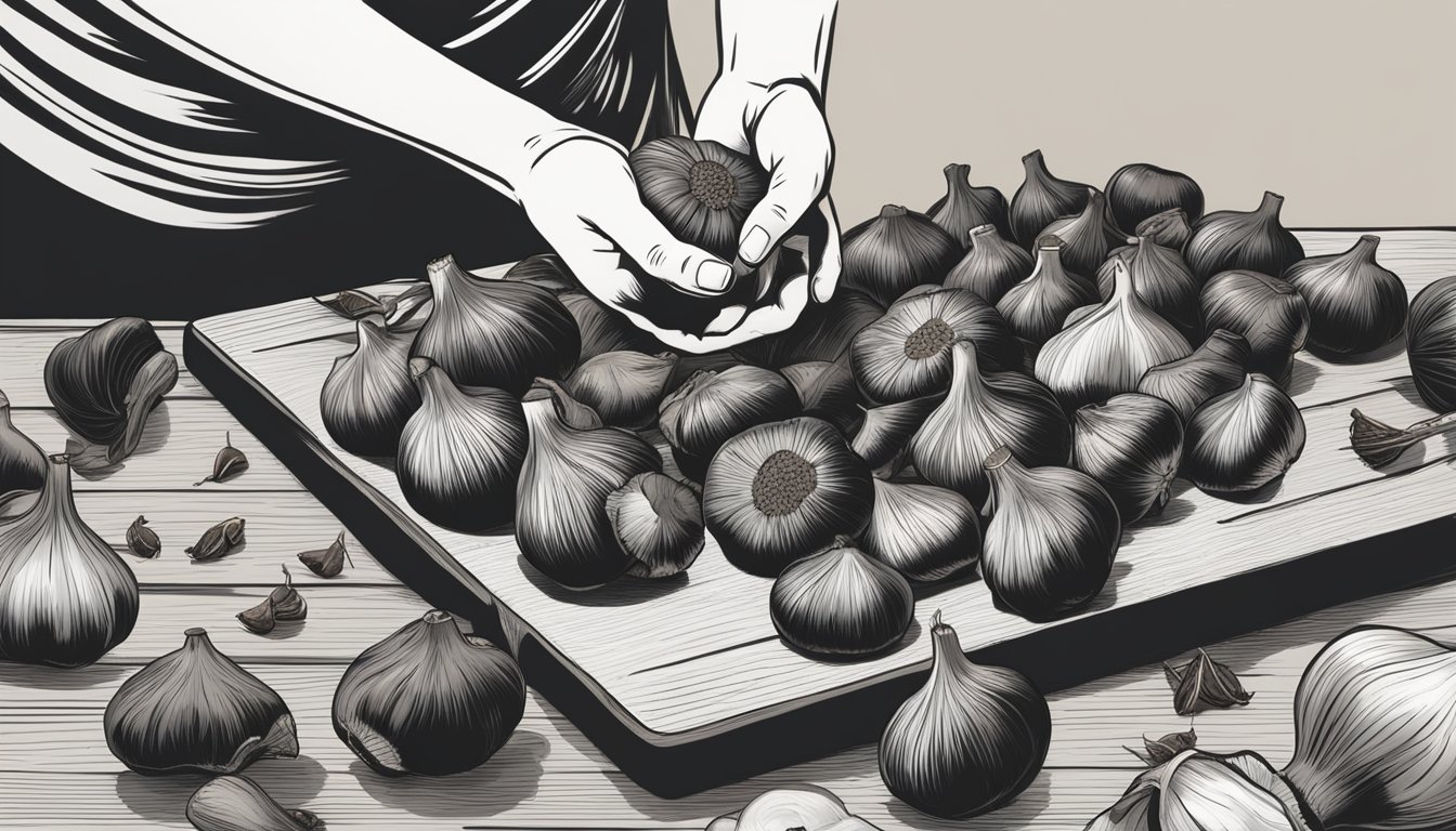 A hand reaching for a bunch of plump, shiny black garlic bulbs displayed on a wooden cutting board, with a few cloves scattered around