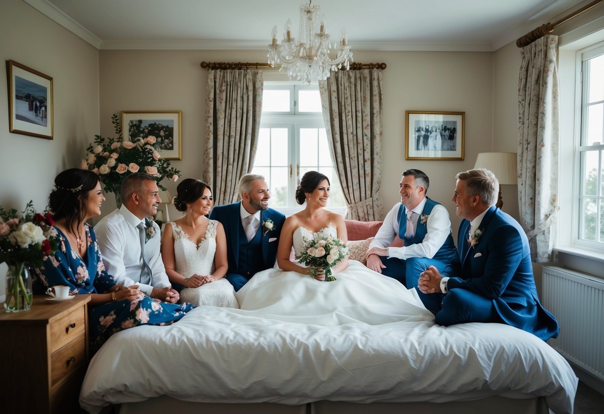 The bride stays with her closest family and friends in a cozy, flower-filled room the night before the wedding