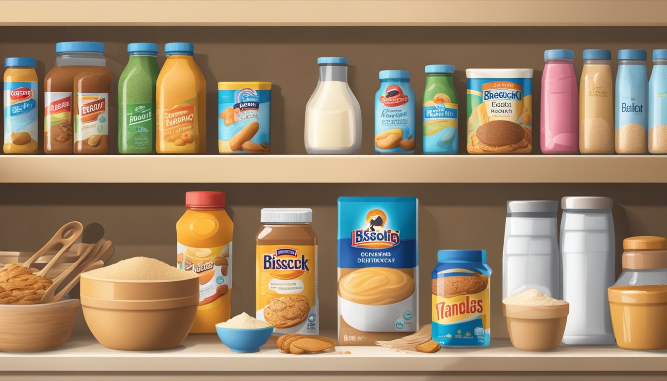 A pantry shelf with a box of Bisquick mix, surrounded by various baking ingredients and utensils