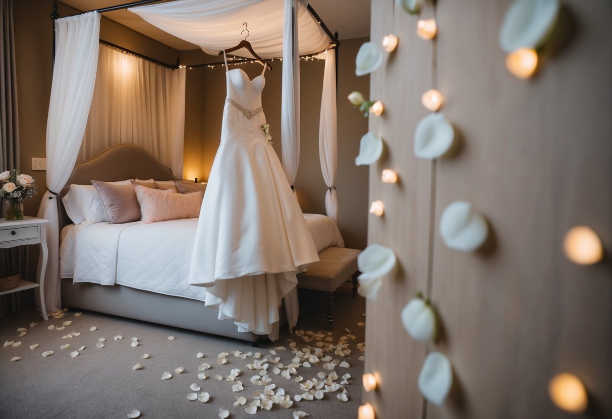 A cozy bedroom with a canopy bed, soft lighting, and scattered rose petals. A wedding dress hangs on a decorative hook