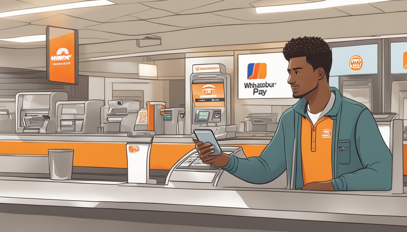 A customer taps their phone to the Apple Pay terminal at a Whataburger counter